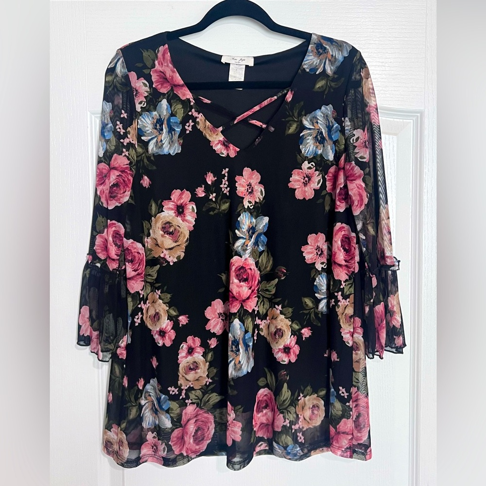 Rue Ju Ju Women’s L Floral Black Sheer Flare Blouse